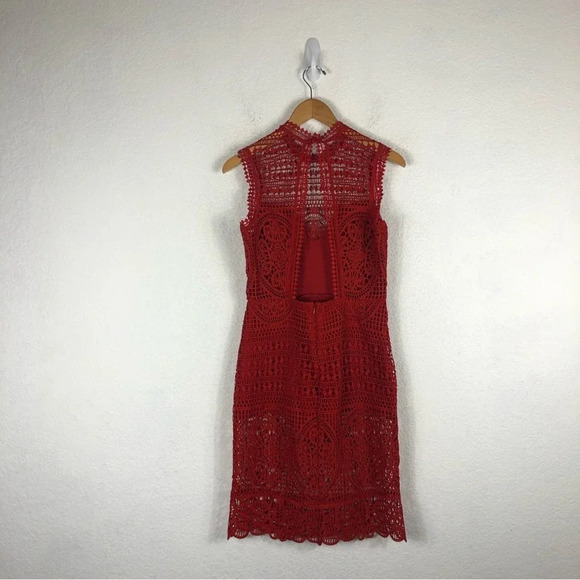 Lovers + Friends Lace Blush Red Crochet Open Back Cocktail Midi Dress Medium - Picture 14 of 15